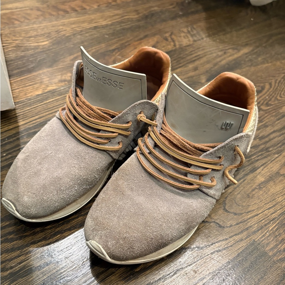 Gray and Tan Mid-Top Sneakers with Elastic Lacing